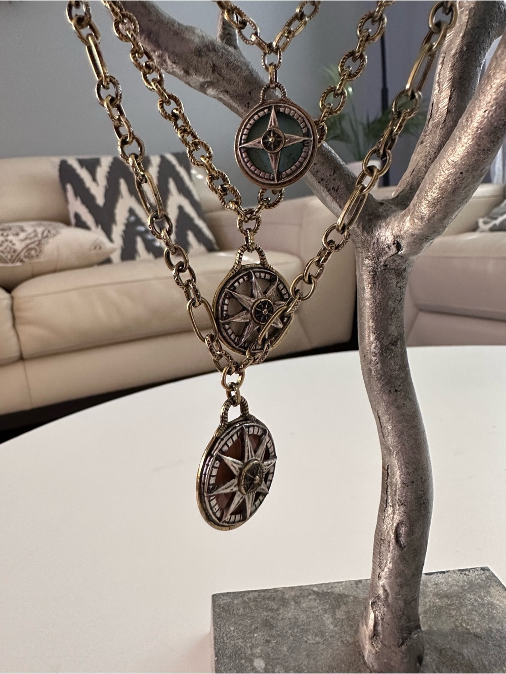 Patricia Nash Two-Tone Compass Charm Triple Layered Statement Necklace EUC